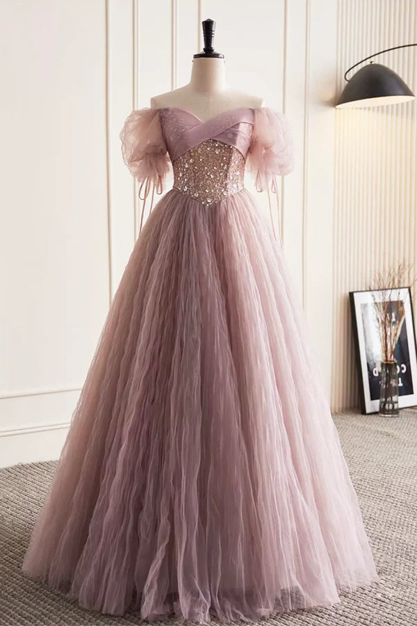 Pink Tulle Sequins Floor Length Prom Dress Beautiful Off the Shoulder Evening Party Dress