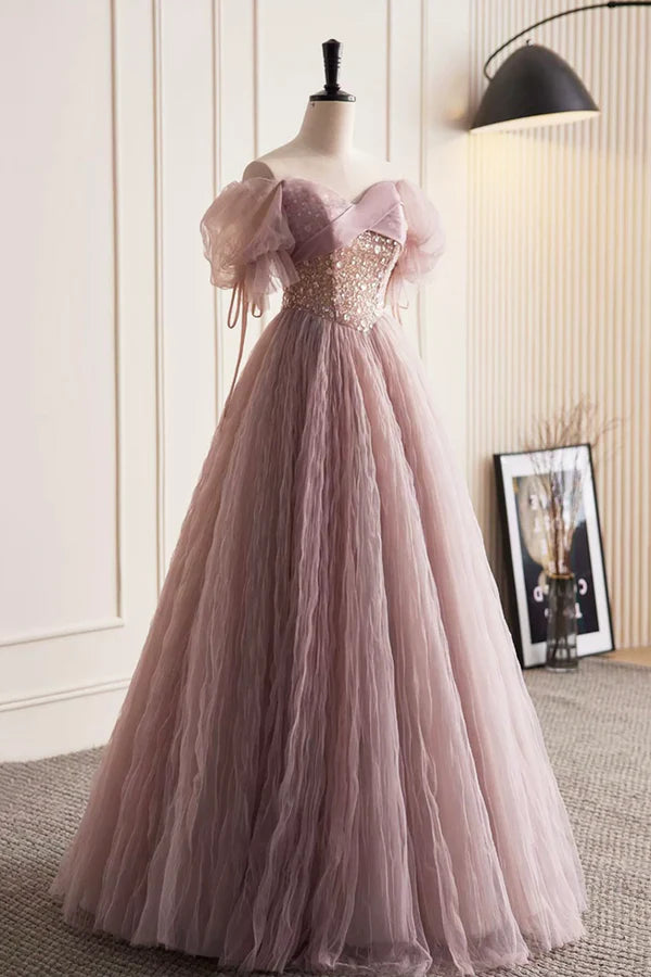Pink Tulle Sequins Floor Length Prom Dress Beautiful Off the Shoulder Evening Party Dress