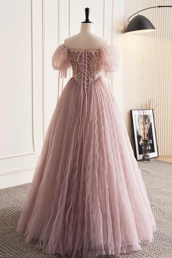 Pink Tulle Sequins Floor Length Prom Dress Beautiful Off the Shoulder Evening Party Dress