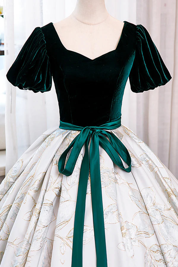 Green Velvet Floor-Length Printing Prom Dresses A-Line Short Sleeve Evening Formal Dresses