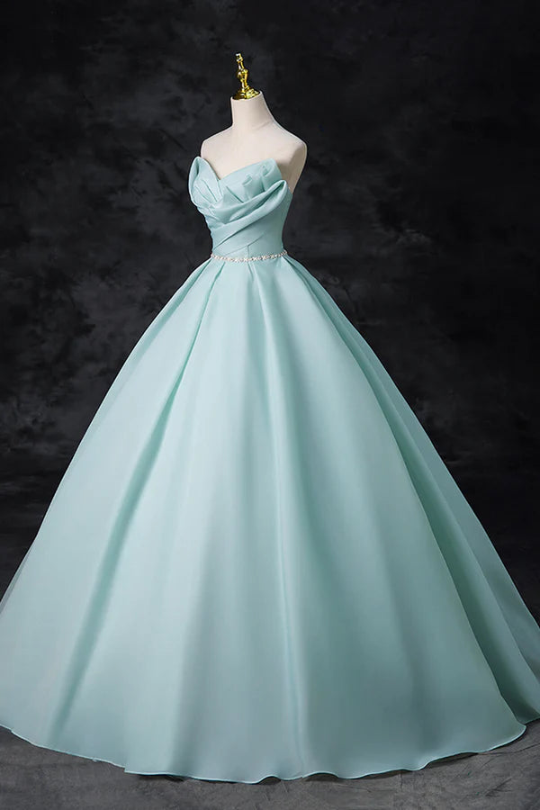 Blue Tulle Floor Length Party Dress A-Line Strapless Formal Evening Dress