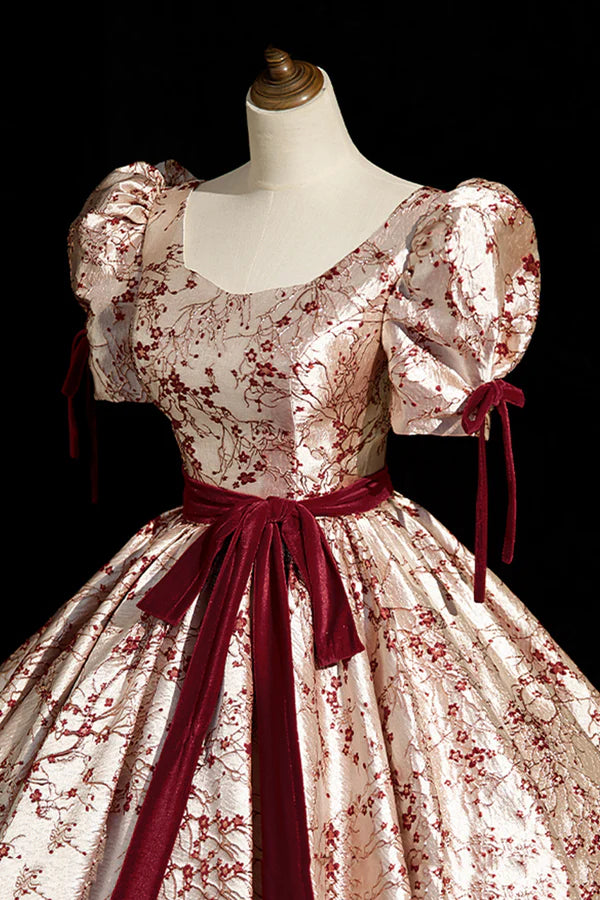 Fashion Floor-Length Printing Prom Dresses Square Neckline Short Sleeve Backless Bow Sash Prom Formal Dresses