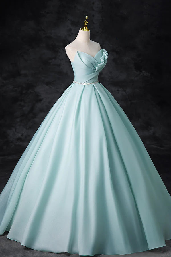 Blue Tulle Floor Length Party Dress A-Line Strapless Formal Evening Dress