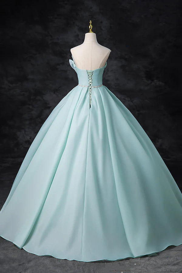 Blue Tulle Floor Length Party Dress A-Line Strapless Formal Evening Dress
