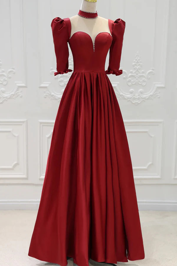 Burgundy Satin High Neck Long Prom Dress Burgundy A-Line Evening Party Dress
