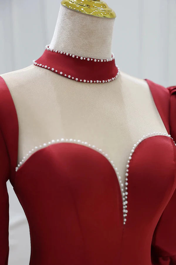 Burgundy Satin High Neck Long Prom Dress Burgundy A-Line Evening Party Dress