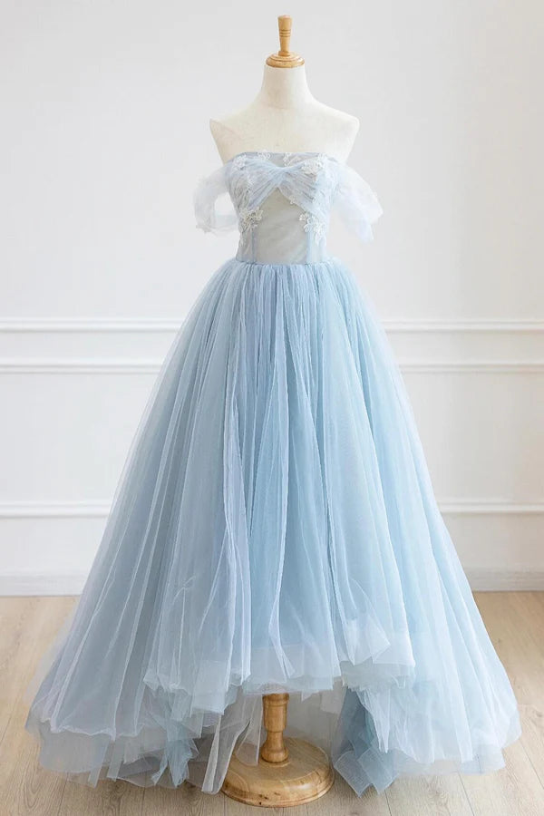 Blue Tulle Lace Long Prom Dress High Low A-Line Evening Party Dress