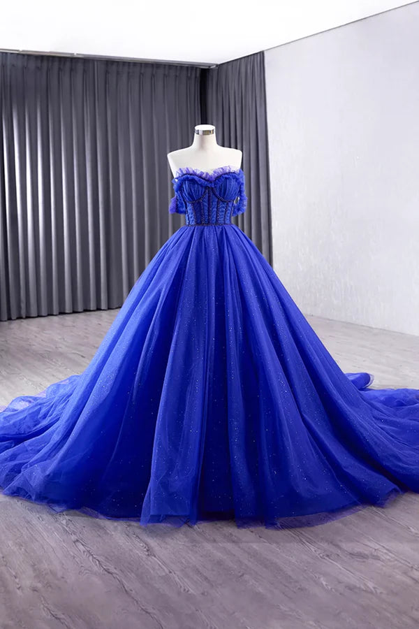 Blue Tulle Long Prom Dress Off the Shoulder Formal Evening Party Dress
