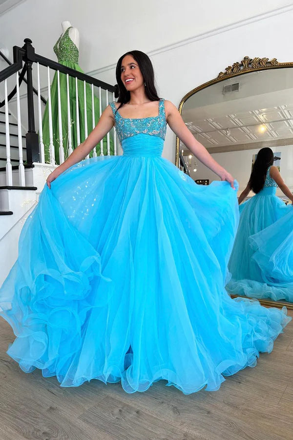 Blue Tulle Beaded Long Floor Length Prom Dress Beautiful A-Line Evening Party Dress