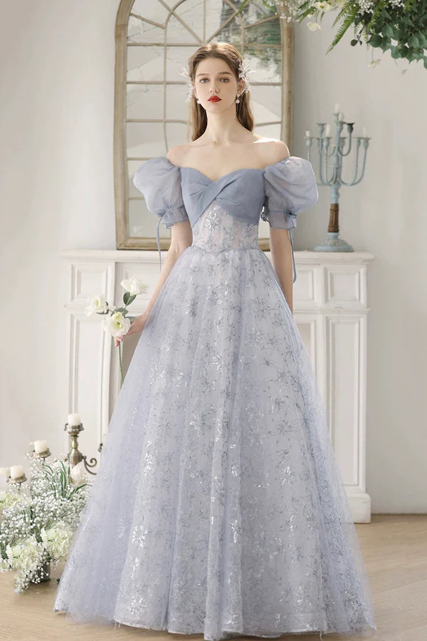 Blue Tulle Lace Floor Length Prom Dress Beautiful Short Sleeve Evening Party Dress