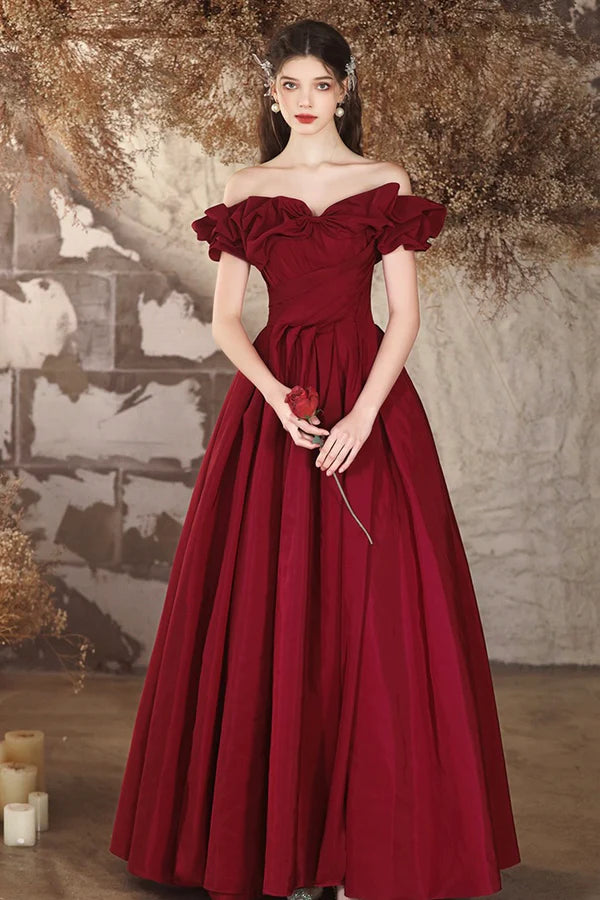 Burgundy Off the Shoulder Long A-Line Formal Prom Dresses