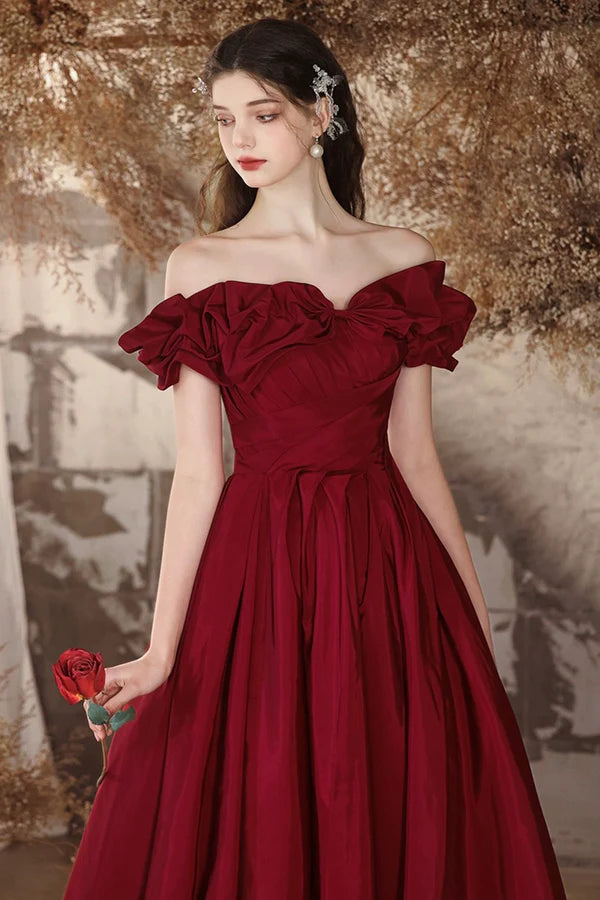 Burgundy Off the Shoulder Long A-Line Formal Prom Dresses