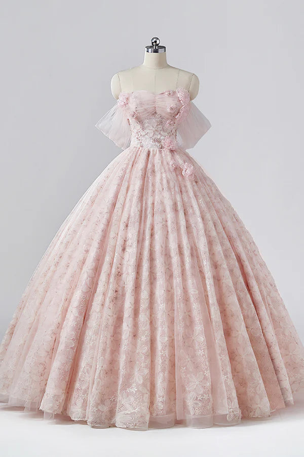 Pink Flower Long Princess Dress Off the Shoulder Tulle Evening Party Dress
