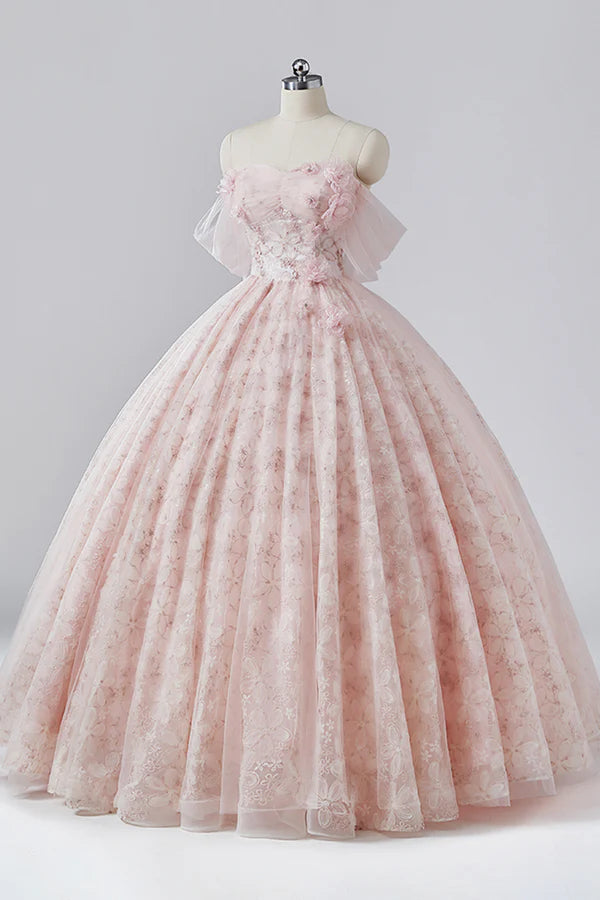 Pink Flower Long Princess Dress Off the Shoulder Tulle Evening Party Dress