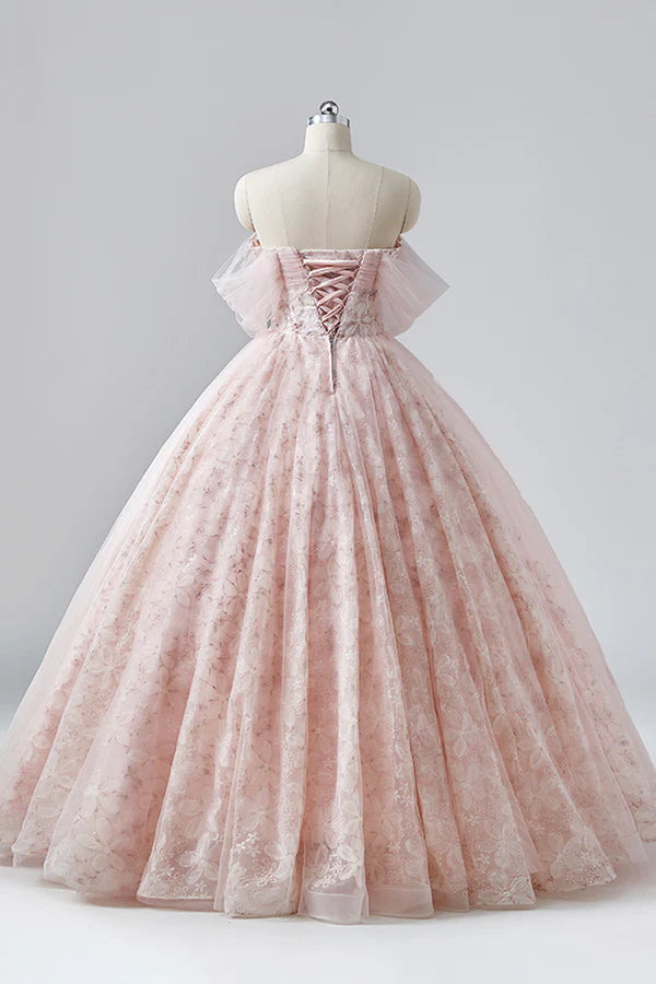 Pink Flower Long Princess Dress Off the Shoulder Tulle Evening Party Dress