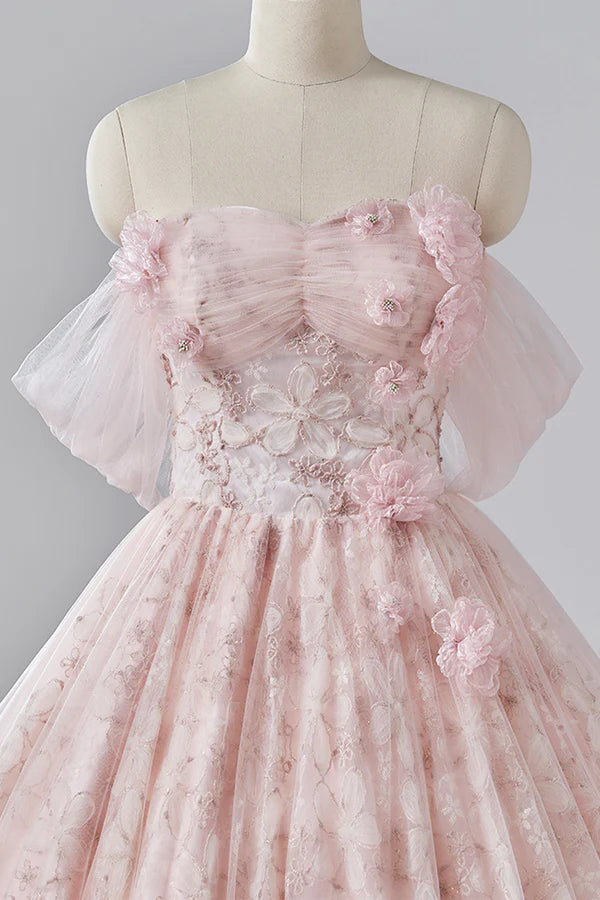 Pink Flower Long Princess Dress Off the Shoulder Tulle Evening Party Dress