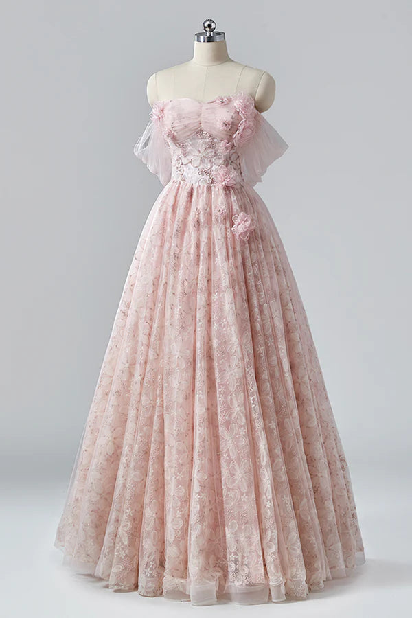 Pink Flower Long Princess Dress Off the Shoulder Tulle Evening Party Dress