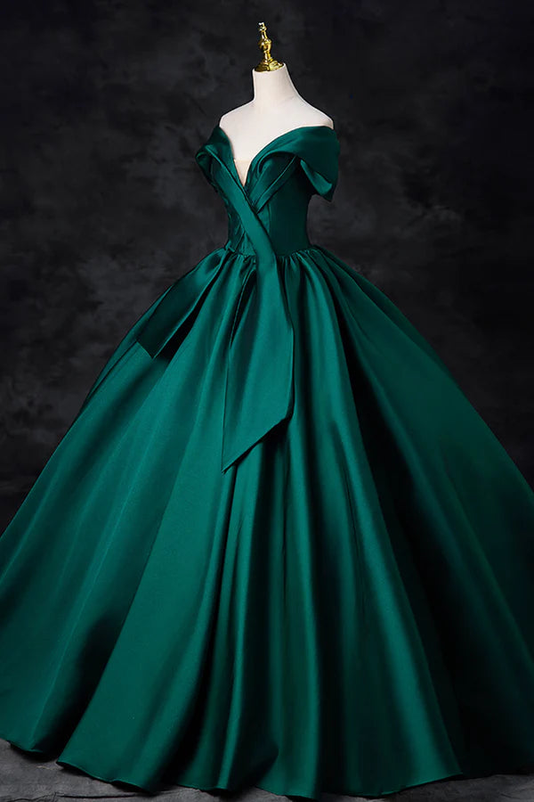 Green Satin Floor Length A-Line Formal Dress Beautiful V-Neck Evening Party Dress