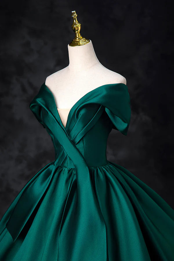 Green Satin Floor Length A-Line Formal Dress Beautiful V-Neck Evening Party Dress