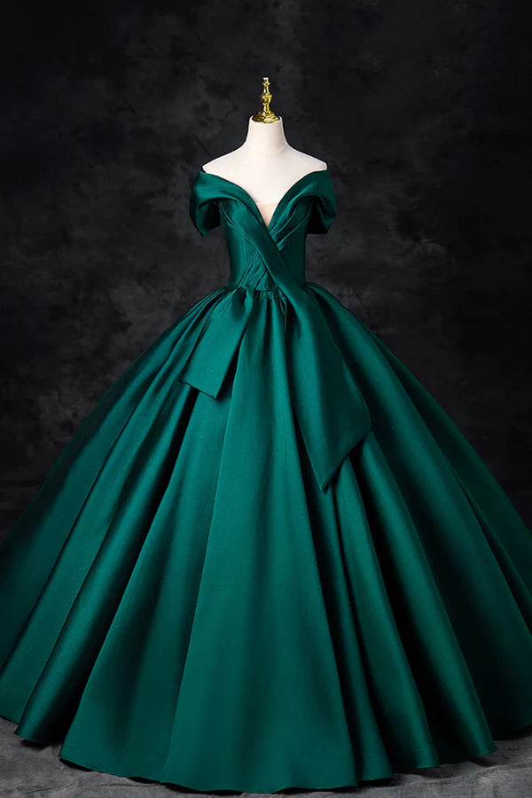 Green Satin Floor Length A-Line Formal Dress Beautiful V-Neck Evening Party Dress