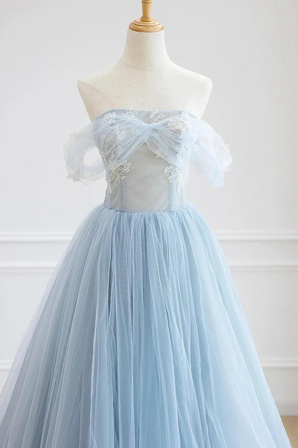 Blue Tulle Lace Long Prom Dress High Low A-Line Evening Party Dress