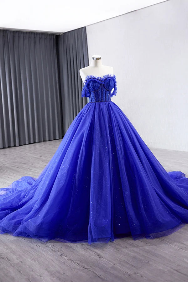 Blue Tulle Long Prom Dress Off the Shoulder Formal Evening Party Dress
