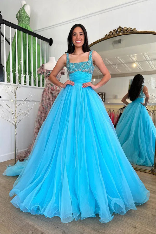 Blue Tulle Beaded Long Floor Length Prom Dress Beautiful A-Line Evening Party Dress