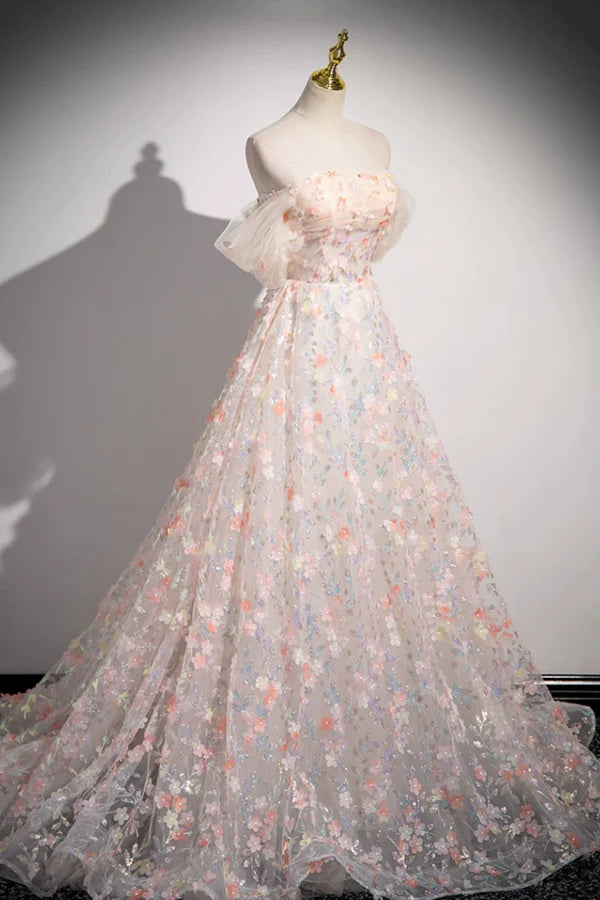 Beautiful Floor Length Sequins and Flowers Party Dress Off the Shoulder Tulle Formal Dress