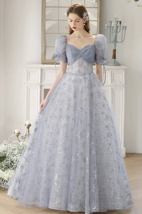 Blue Tulle Lace Floor Length Prom Dress Beautiful Short Sleeve Evening Party Dress