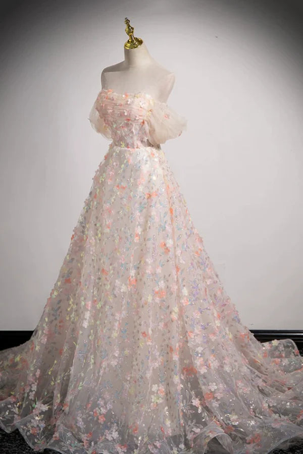 Beautiful Floor Length Sequins and Flowers Party Dress Off the Shoulder Tulle Formal Dress