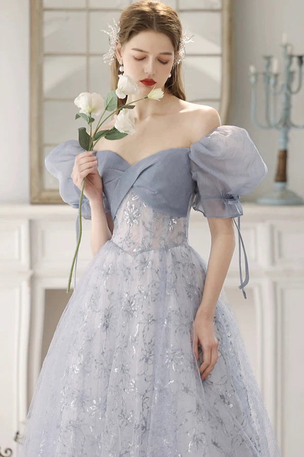 Blue Tulle Lace Floor Length Prom Dress Beautiful Short Sleeve Evening Party Dress