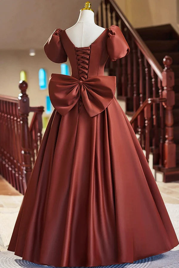 A-Line Satin Floor Length Prom Dress Elegant Short Sleeve Evening Party Dress