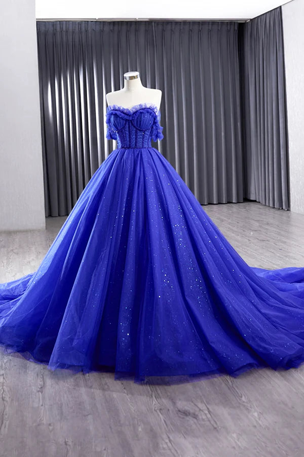 Blue Tulle Long Prom Dress Off the Shoulder Formal Evening Party Dress