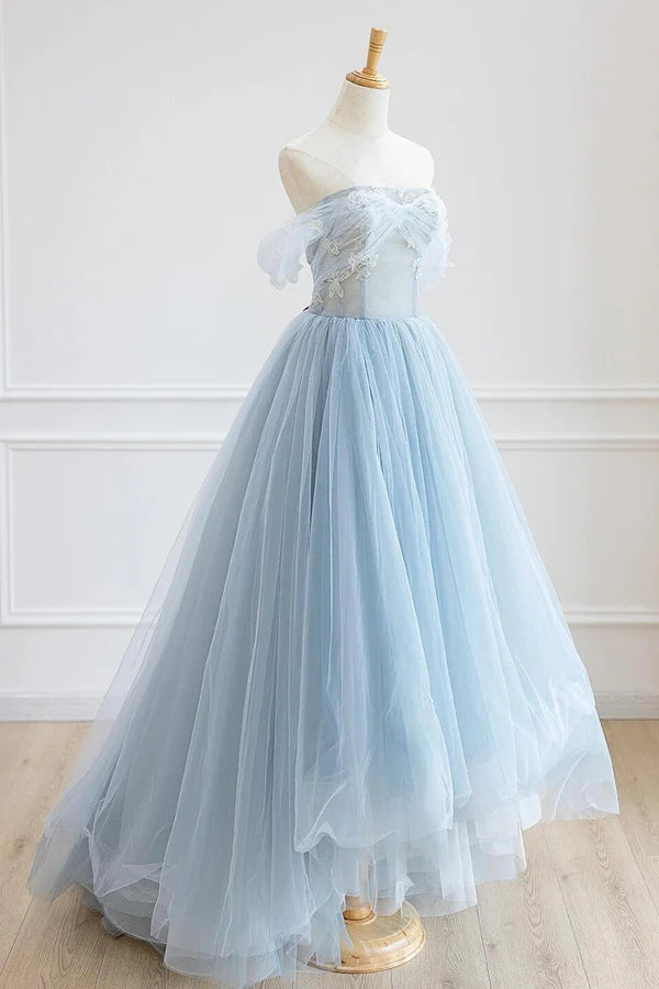 Blue Tulle Lace Long Prom Dress High Low A-Line Evening Party Dress