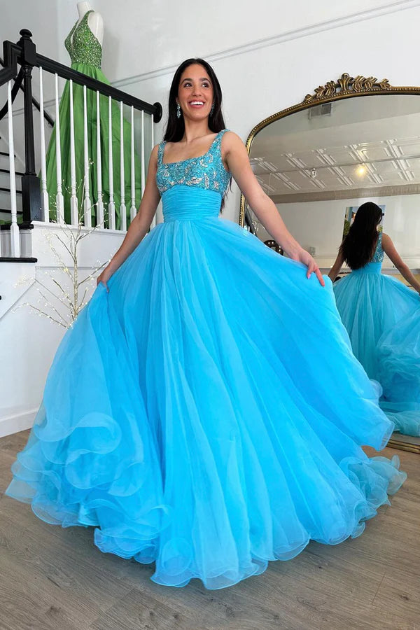 Blue Tulle Beaded Long Floor Length Prom Dress Beautiful A-Line Evening Party Dress