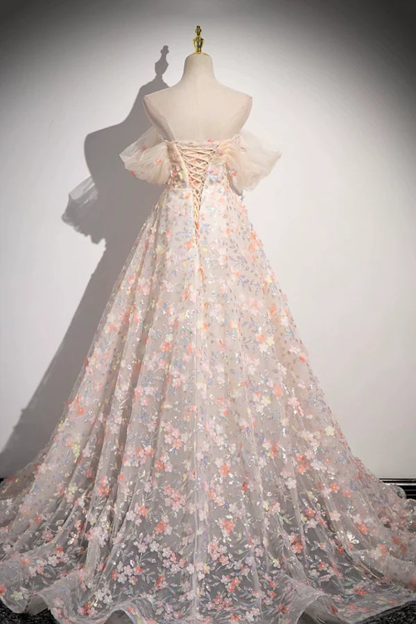 Beautiful Floor Length Sequins and Flowers Party Dress Off the Shoulder Tulle Formal Dress
