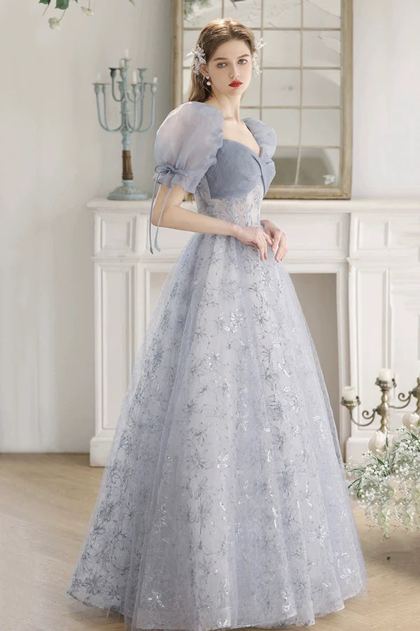 Blue Tulle Lace Floor Length Prom Dress Beautiful Short Sleeve Evening Party Dress