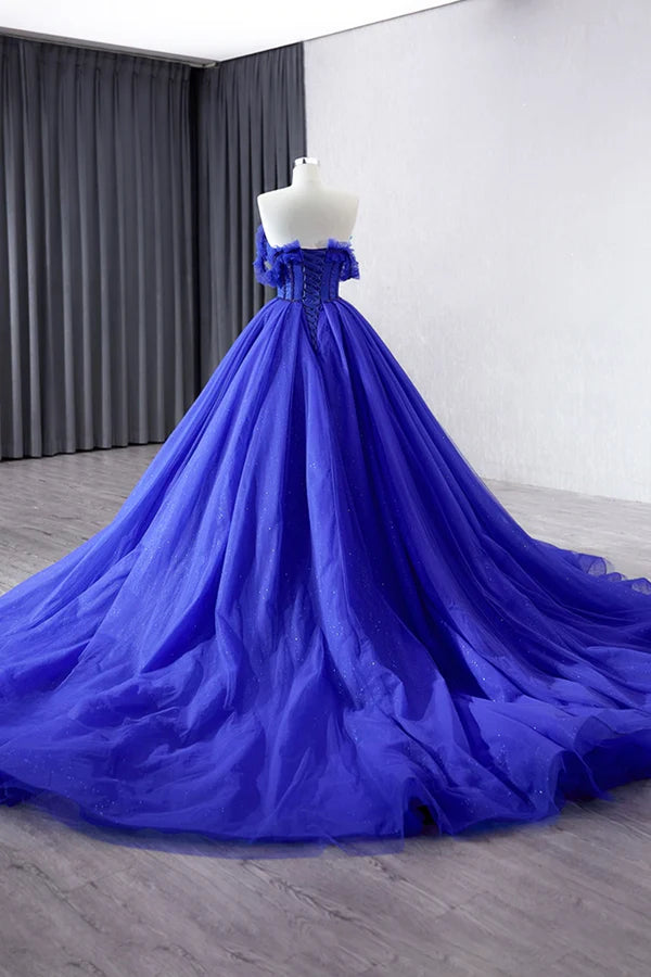 Blue Tulle Long Prom Dress Off the Shoulder Formal Evening Party Dress