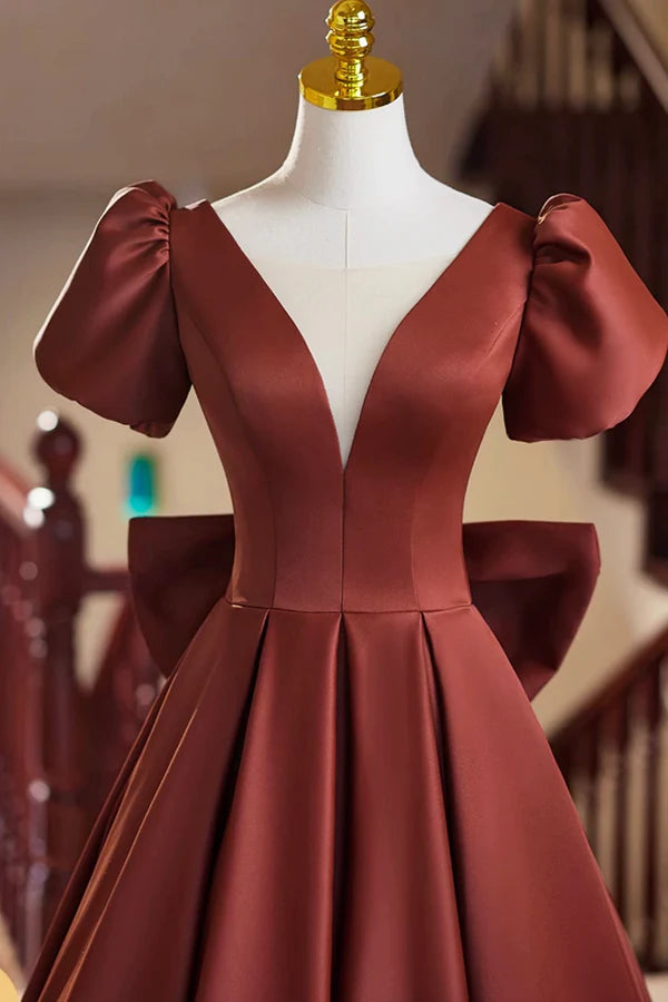 A-Line Satin Floor Length Prom Dress Elegant Short Sleeve Evening Party Dress