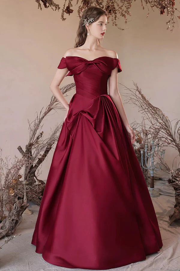 Burgundy Satin Long A-Line Prom Dress Off the Shoulder Evening Party Dress