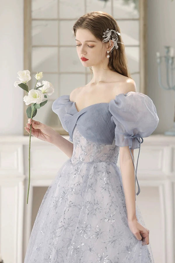 Blue Tulle Lace Floor Length Prom Dress Beautiful Short Sleeve Evening Party Dress