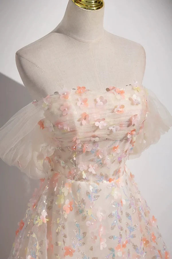 Beautiful Floor Length Sequins and Flowers Party Dress Off the Shoulder Tulle Formal Dress