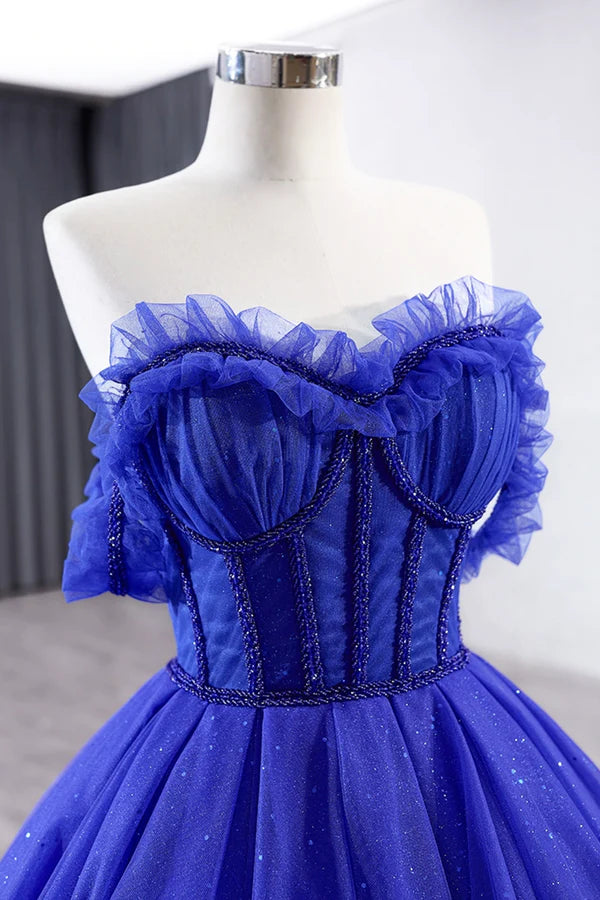 Blue Tulle Long Prom Dress Off the Shoulder Formal Evening Party Dress