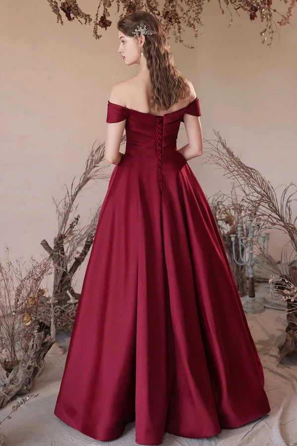 Burgundy Satin Long A-Line Prom Dress Off the Shoulder Evening Party Dress