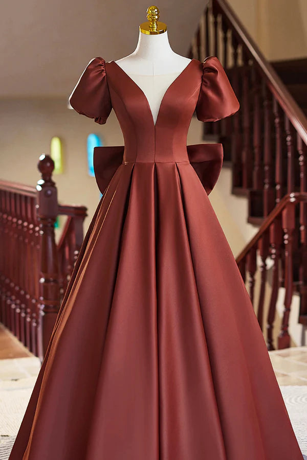 A-Line Satin Floor Length Prom Dress Elegant Short Sleeve Evening Party Dress