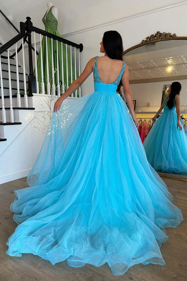 Blue Tulle Beaded Long Floor Length Prom Dress Beautiful A-Line Evening Party Dress