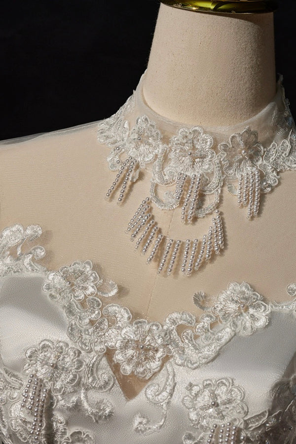 A-Line Satin Lace Long Sleeve Prom Dress Elegant White High Neck Evening Prom Dress