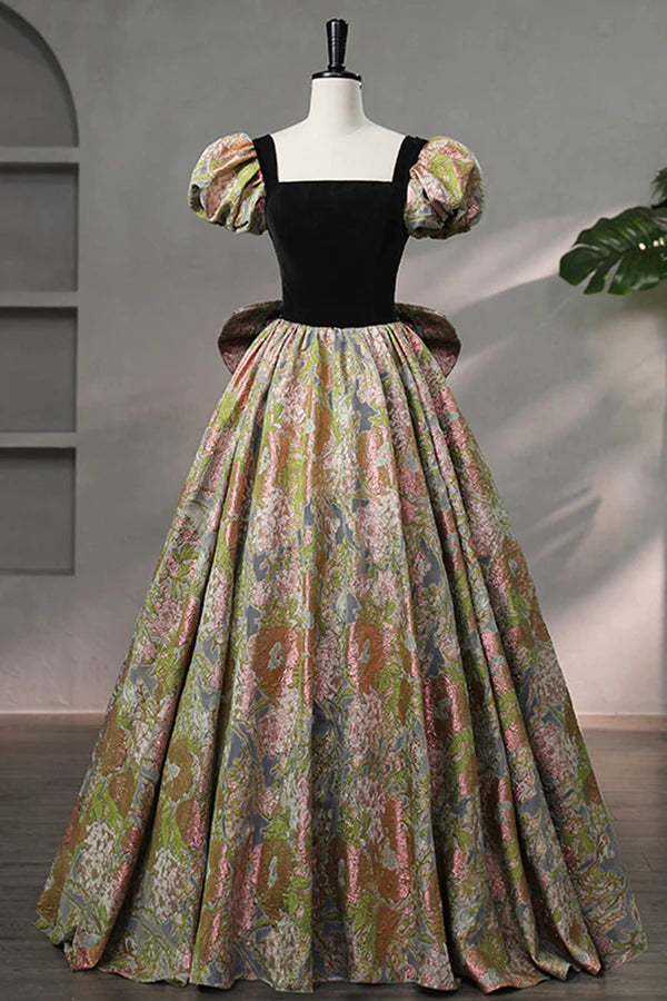 Elegant Black Puffy Short Sleeve Floor Length Prom Dress A-Line Floral Pattern Evening Dress