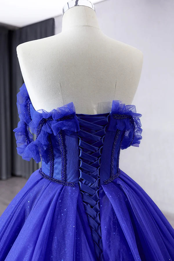 Blue Tulle Long Prom Dress Off the Shoulder Formal Evening Party Dress