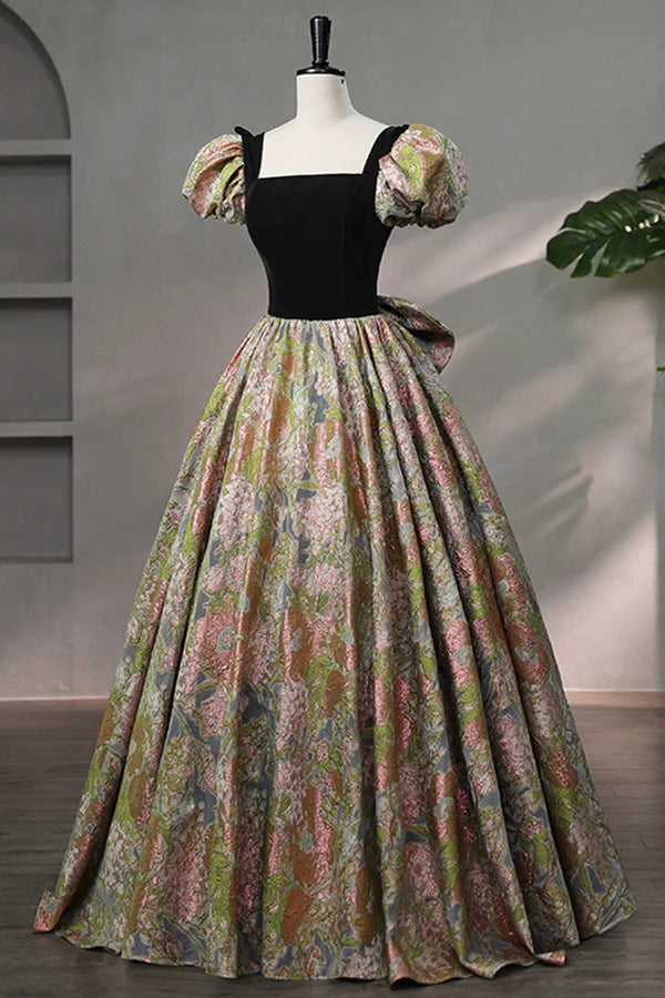 Elegant Black Puffy Short Sleeve Floor Length Prom Dress A-Line Floral Pattern Evening Dress